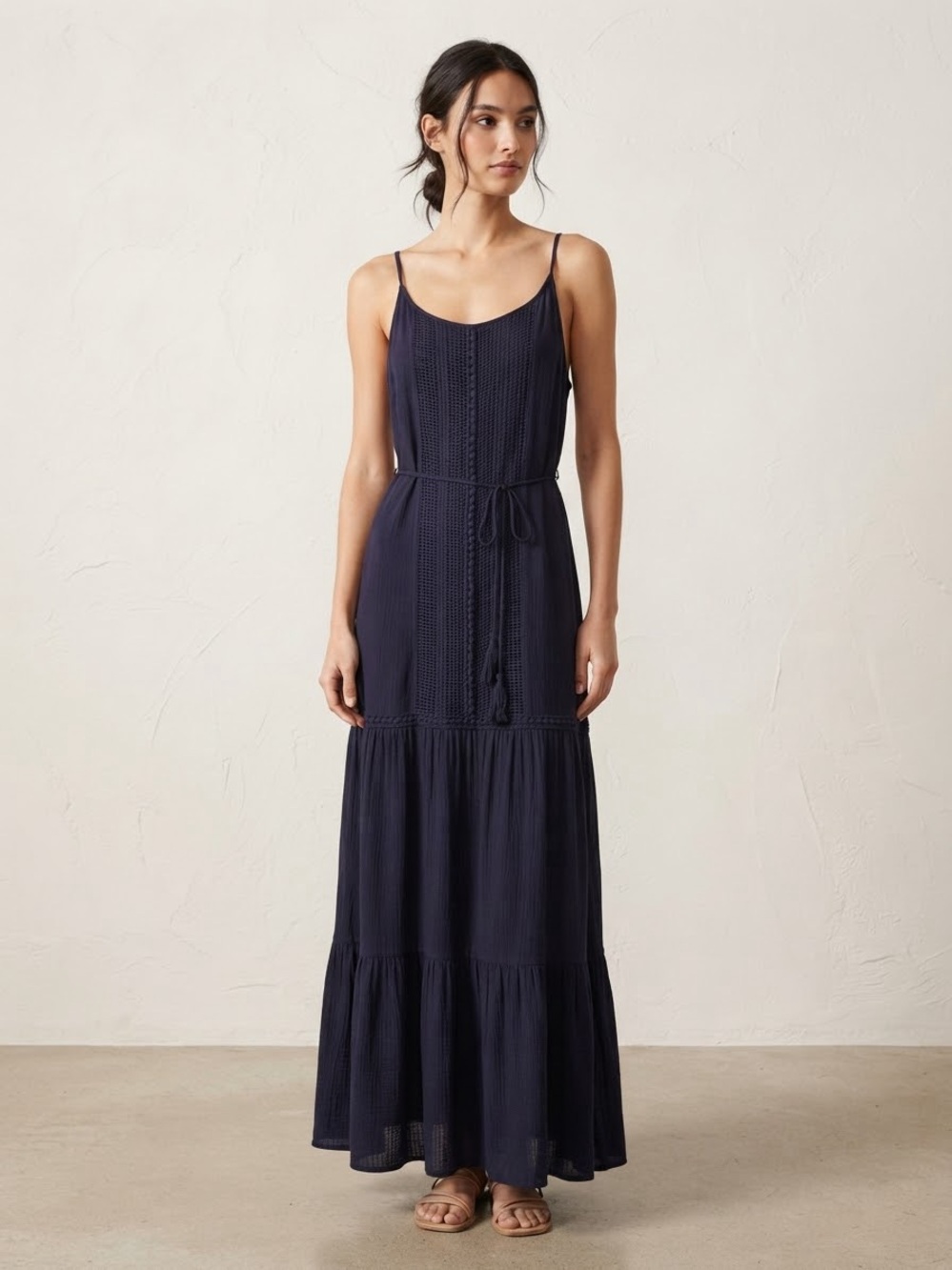 Sleeveless Navy Maxi Dress with Tie Waist